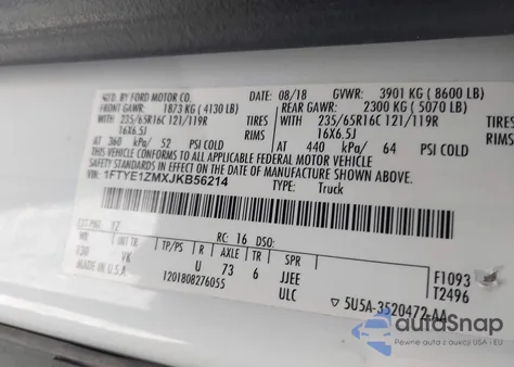 2018 Ford Transit T-150 from USA, damaged, VIN 1FTYE1ZMXJKB56214